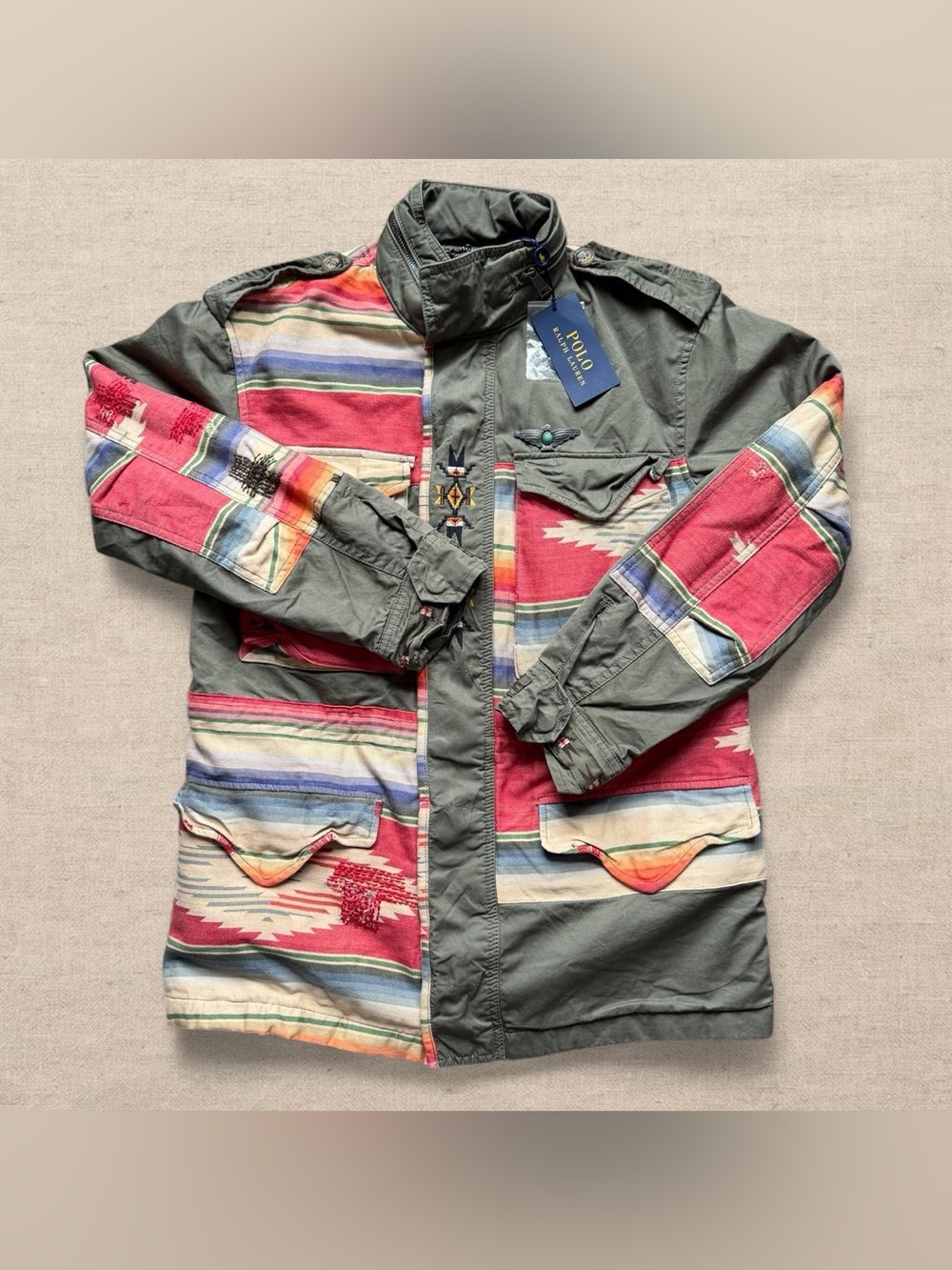 NWT Ralph Lauren Womens Olive Green Aztec Southwest Print Military Jacket Size S